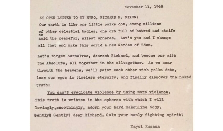  Letter to Richard Nixon by Japanese artist Yayoi Kusama